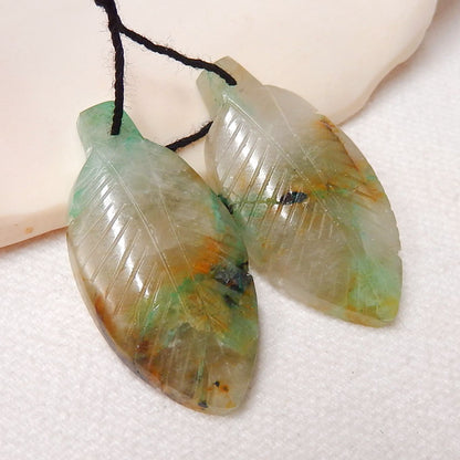 Natural Chrysocolla Carved feather Earring Beads 34x17x5mm, 8.8g