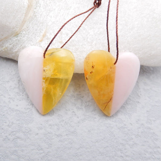 Paire de boucles d'oreilles en opale rose et opale jaune en forme de cœur, 26 x 23 x 5 mm, 7,6 g