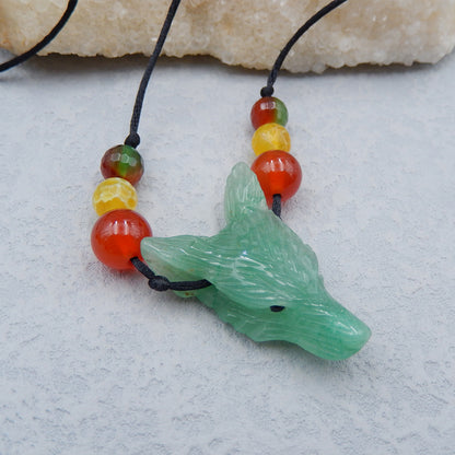 Natural Green Aventurine Carved wolf head And Beads Agate Pendant Necklace 37x21x12mm, 19.5g