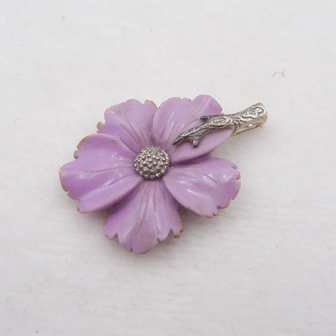 Pendentif fleur en argent avec 5 pétales sculptés à la main en fluorite violette, 30x7 mm, 5,7 g