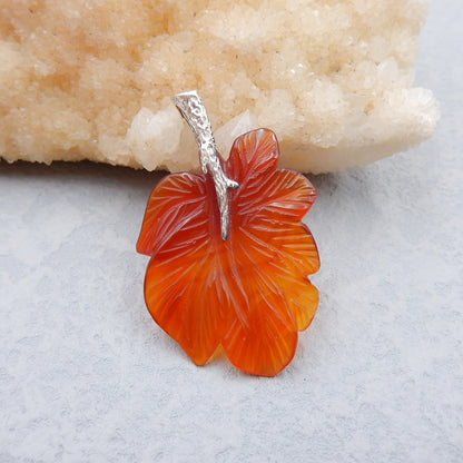 Natural Red Agate Carved leaf Pendant with 925 Sterling Silver Accessory 48x30x3mm, 6.7g