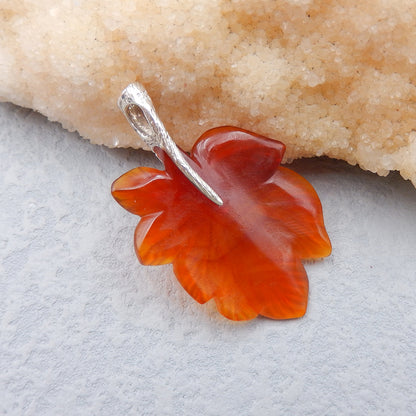 Natural Red Agate Carved leaf Pendant with 925 Sterling Silver Accessory 48x30x3mm, 6.7g
