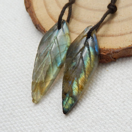 Hot sale Labradorite Carved leaf Earrings Pair, 27x10x4mm, 2.6g - MyGemGarden
