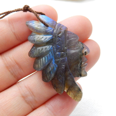 Carved Labradorite Gemstone Indian Head Pendant, 42x28x7mm, 7.7g - MyGemGarden