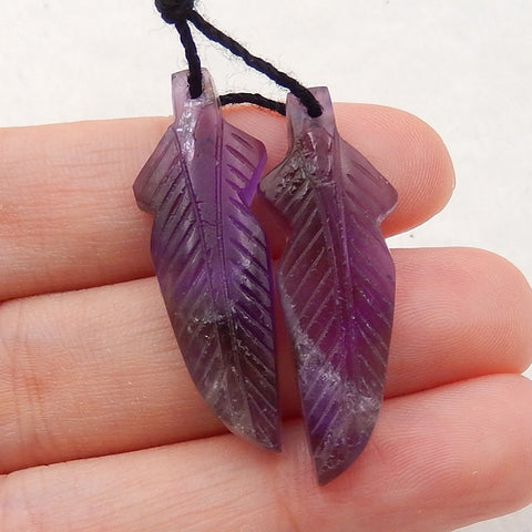 Carved Amethyst Feather Shaped Earrings Stone Pair, 31x11x4mm, 3.9g