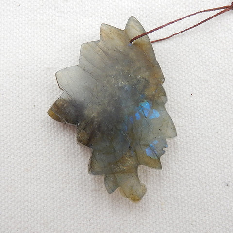 Vintage Hand Carved Labradorite Gemstone Indian Head Pendant, 49x32x9mm, 14.0g