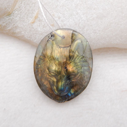 Natural Labradorite Carved Wolf Head Pendant Bead 32X25X9mm, 10.0g