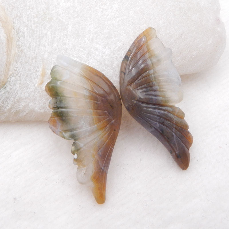 1 paire de boucles d'oreilles en forme d'ailes de papillon en jaspe d'océan naturel sculpté à la main, 40 x 20 x 5 mm, 10 g.