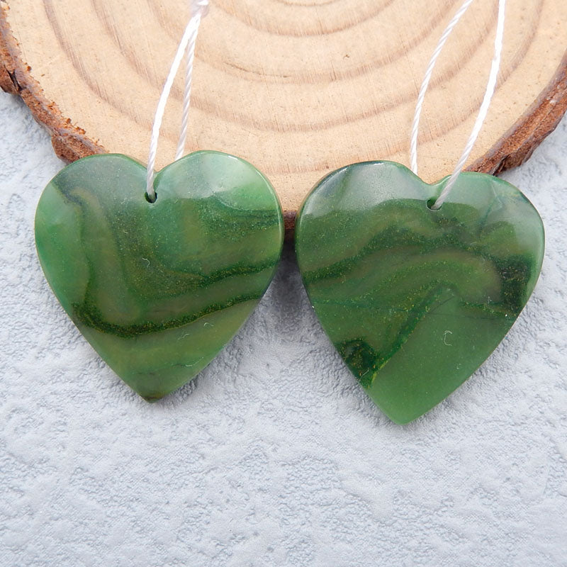 Perles de boucles d'oreilles coeur de jade africain, cabochons percés, pierre pour la fabrication de boucles d'oreilles, 25X25X5mm, 8.7g