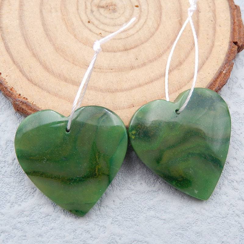 Perles de boucles d'oreilles coeur de jade africain, cabochons percés, pierre pour la fabrication de boucles d'oreilles, 25X25X5mm, 8.7g