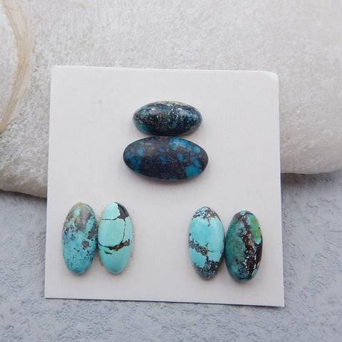 6 cabochons ovales naturels en turquoise verte, 14x7x3mm, 12x6x3mm, 3.1g