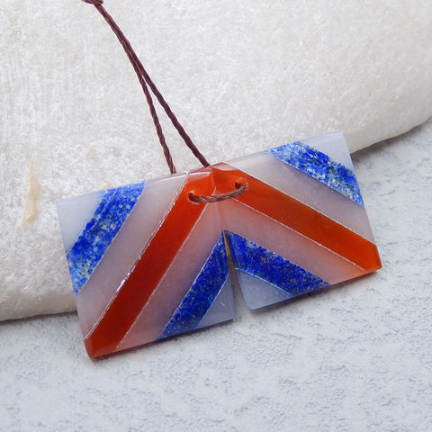 Intarsia of Lapis Lazuli, Red Agate, White Jade Earring Beads 20X10X7mm, 5.5g