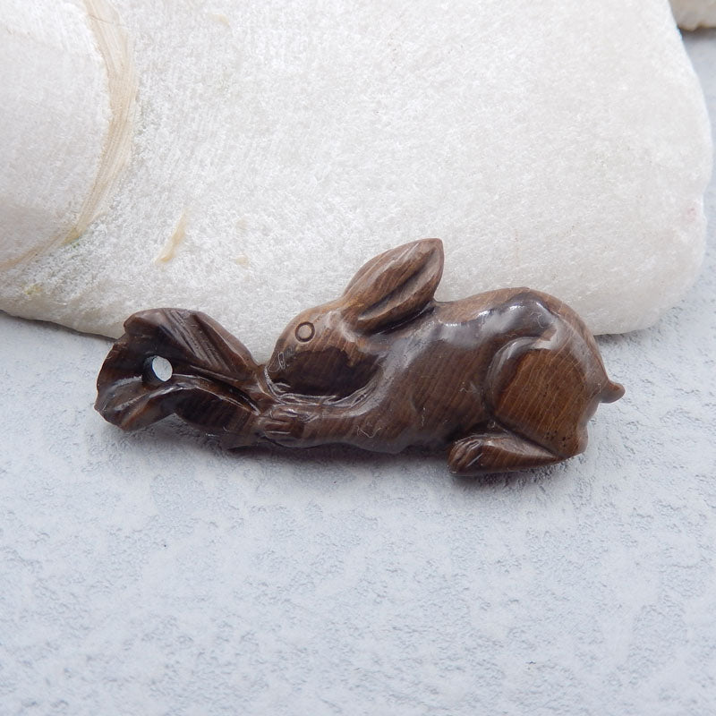 Natural Wood Fossil Carved rabbit Pendant Bead 53X24X7mm, 10.4g