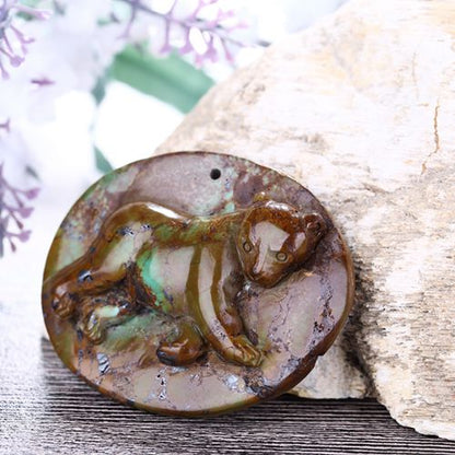 Natural Green Tree Turquoise Carved Leopard Pendant Bead, 52x42x9mm, 24.1g - MyGemGarden