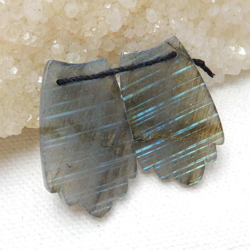 Labradorite Carved Feather Earrings Pair, Handcarved Gemstone Feather Dangle Earrings, 31x19x4mm, 8.9g - MyGemGarden