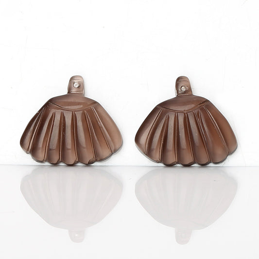 Fan shape Gemstone Carved Smoky Quartz Drilled Earrings Stone Pair, 22x20x4mm, 4.9g