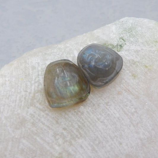 Natural Labradorite Carved buddha Cabochons Paired 11x11x6mm, 2.8g