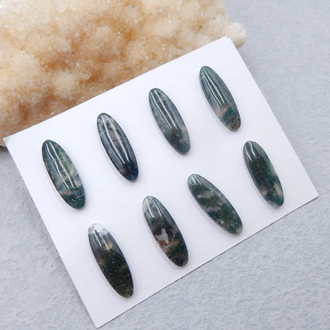 8 cabochons naturels en agate mousse, 28 x 10 x 5 mm, 18,5 g.