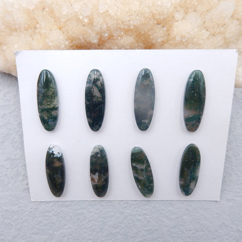8 cabochons naturels en agate mousse, 28 x 10 x 5 mm, 18,5 g.