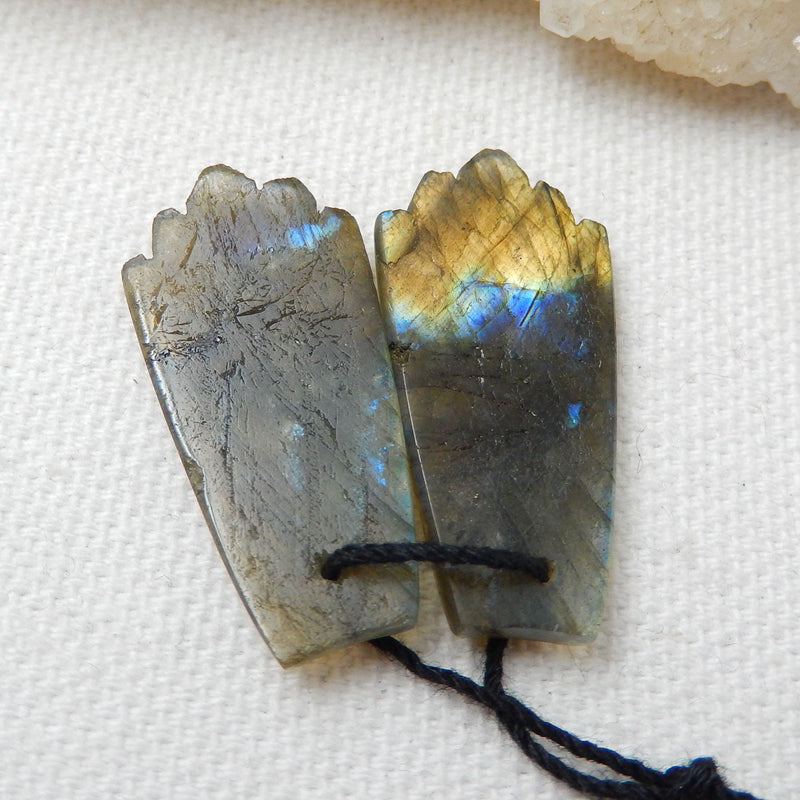 Hand Carved Labradorite Feather Shaped Earrings Beads, 29x14x3mm, 4.5g - MyGemGarden