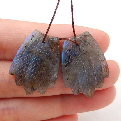 Carved Labradorite Feather Shaped Earrings Stones, 24x17x4mm, 5.5g