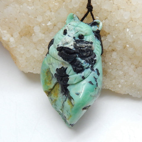 Unique Green Turquoise Handmade carved Tiger head pendant bead, 50x30x19mm, 26.7g - MyGemGarden