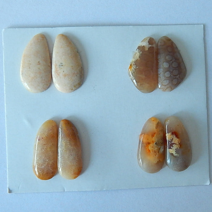 4 Pair Natural Indonesian Fossil Coral Cabochon Pair,19x15x3mm,18x9x4mm,7.7g - MyGemGarden