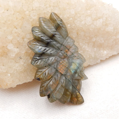 Vintage Hand Carved Labradorite Gemstone Indian Head Pendant , 56x34x8mm, 20.4g - MyGemGarden