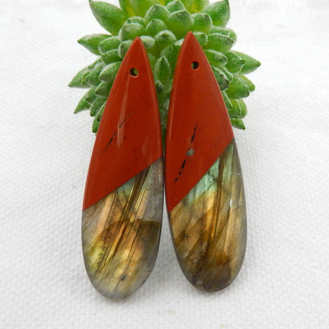 Labradorite and Red River Jasper Teardrop Glued Earrings Stone Pair, 42x13x5mm, 8.8g - MyGemGarden
