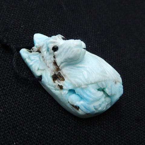 Unique larimar Handmade carved wolf head pendant bead, 34x21x17mm, 11.6g - MyGemGarden