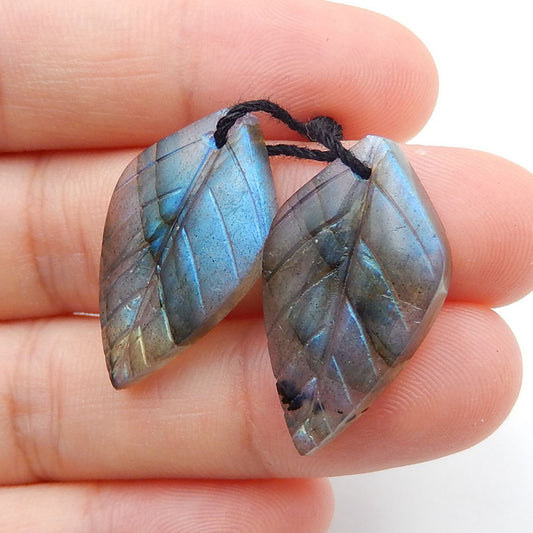 Labradorite Carved Leaf Earrings Stone Pair, 25x14x4mm, 4.6g - MyGemGarden