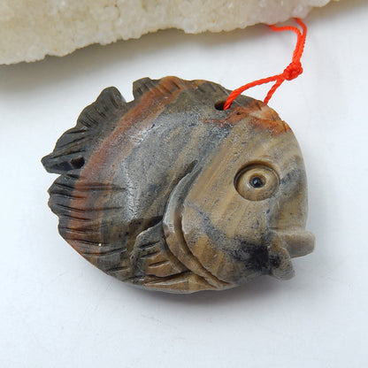 Carved Ocean Jasper Fish Pendant, Natural Stone, 47x38x13mm, 29.5g - MyGemGarden