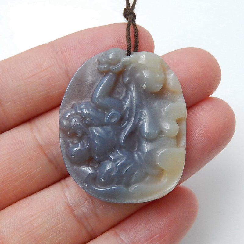 Handmade Agate Carving Tiger and Woman Gemstone Pendant Bead, 33x27x6mm, 9.1g - MyGemGarden