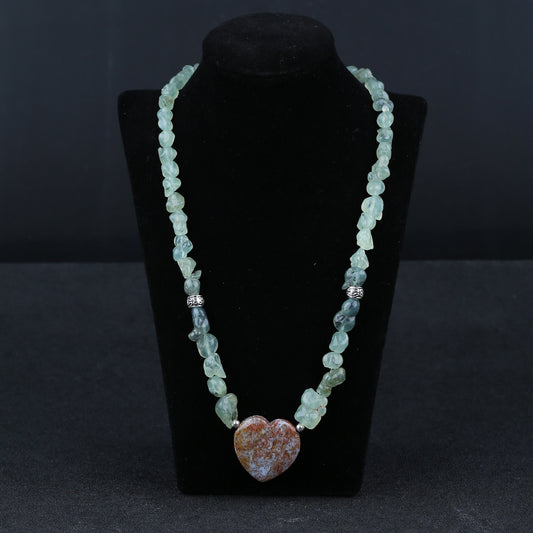 Natural Prehnite With Silver Beads Gemstone Necklace, Ocean Jasper Heart Shape Pendant, Handmade Jewelry, 1 Strand, 24 inch, 73g