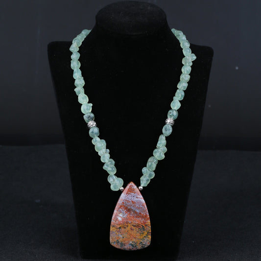 Natural Prehnite With Silver Beads Gemstone Necklace, Ocean Jasper Pendant, Handmade Jewelry, 1 Strand, 24 inch, 92g