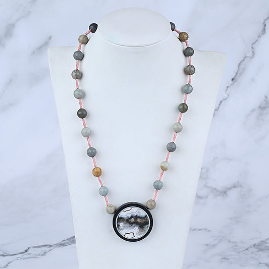 Natural Ocean Jasper, Obsidian Gemstone Necklace, Handmade Jewelry, 1 Strand, 20 inch, 42g