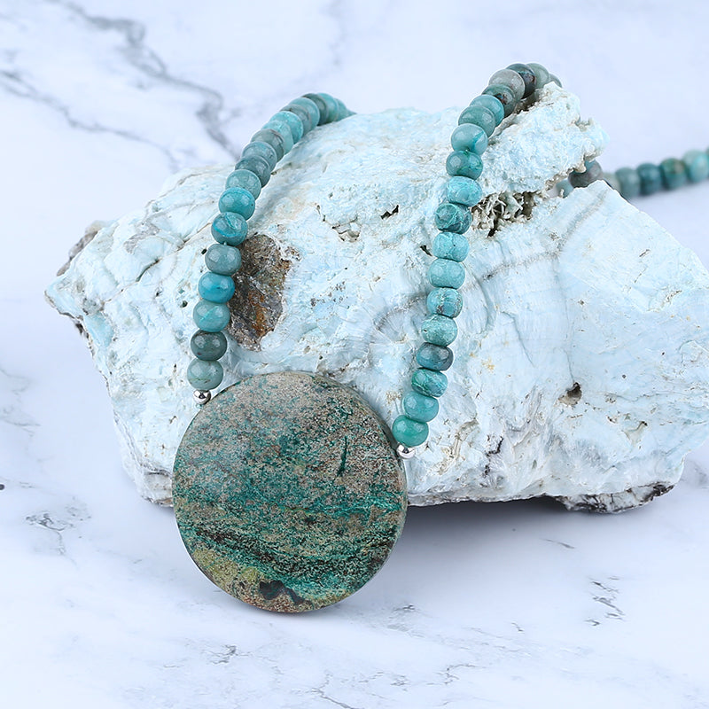 Chrysocolla  Gemstone Necklaces, Oblate shape pendant Necklaces, 1 Strand, 26 inch, 107g
