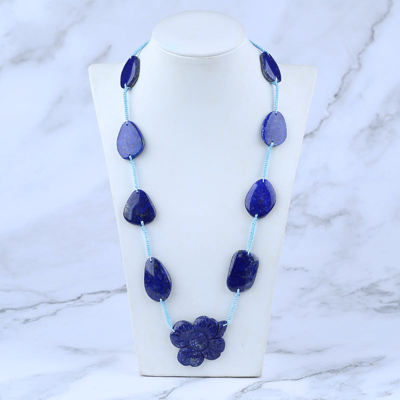 1 Strand Lapis Lazuli Gemstone Necklace, Flower Gemstone Pendant Necklace, Adjustable Necklace, 22-30 inch, 61g