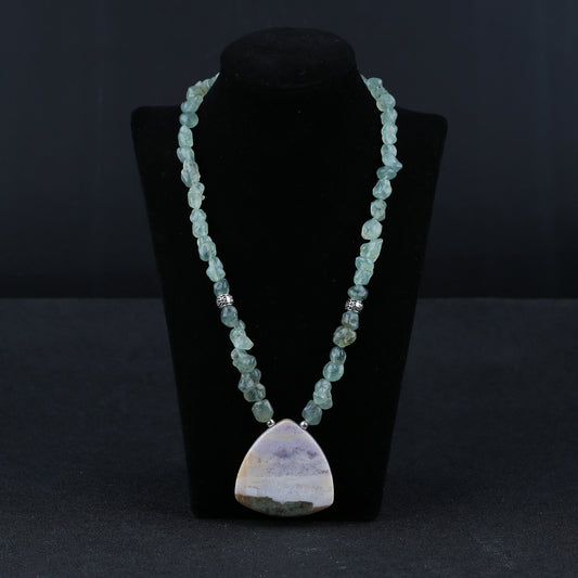 Natural Prehnite With Silver Beads Gemstone Necklace, Ocean Jasper Pendant, Handmade Jewelry, 1 Strand, 24 inch, 85g