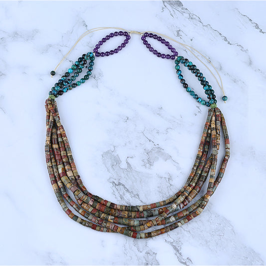 Multi-Color Picasso Jasper, Chrysocolla, Amethyst Gemstone Necklace, Adjustable Necklace, 1 Strand, 24-34 inch, 176g