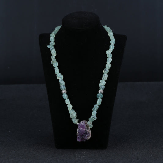 Natural Prehnite With Silver Beads Gemstone Necklace, Amethyst Pendant, Handmade Jewelry, 1 Strand, 24 inch, 85g