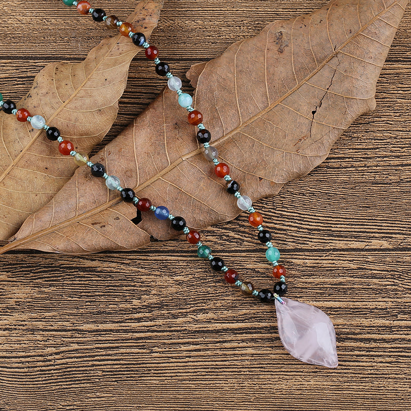 Agate Faceted Gemstone With Silver Beads Necklace, Rose Quartz Pendant, Handmade Jewelry, 1 Strand, 22 inch, 29.3g