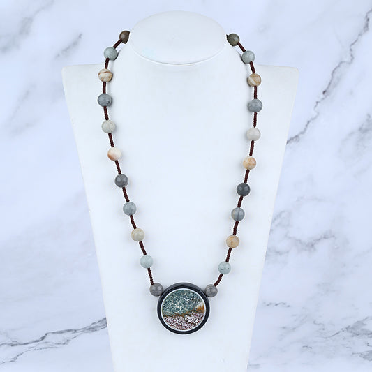 Natural Ocean Jasper, Obsidian Gemstone Necklace, Handmade Jewelry, 1 Strand, 20 inch, 43g
