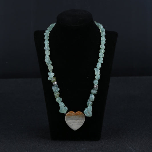 Natural Prehnite With Silver Beads Gemstone Necklace, Wave Jasper Heart Shape Pendant, Handmade Jewelry, 1 Strand, 24 inch, 76.5g