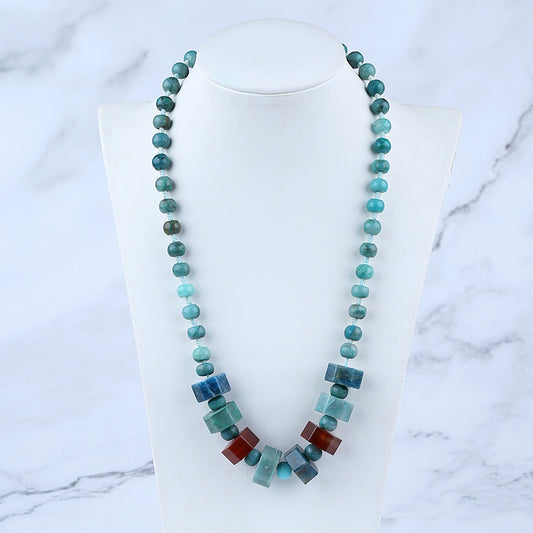Natural Blue Apatite Crystal, Chrysocolla, Red Agate Necklace with Silver Beads 18 inches length, 62g