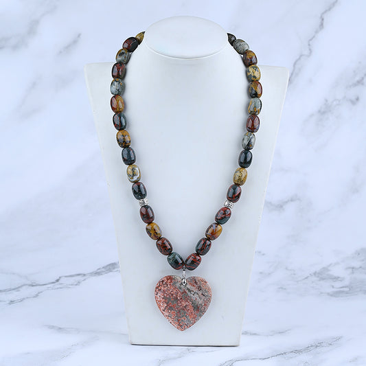 Natural Ocean Jasper Gemstone With Silver Beads Necklace, Heart Shape Pendant, Handmade Jewelry, 1 Strand, 24 inch, 115g