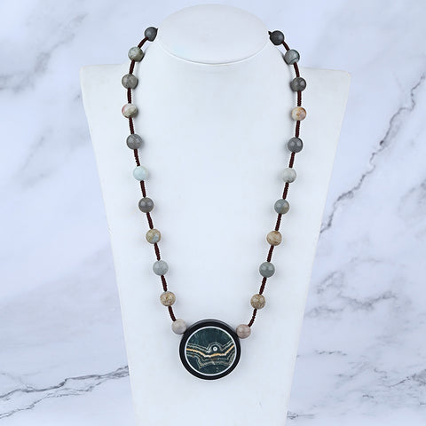 Natural Ocean Jasper, Obsidian Gemstone Necklace, Handmade Jewelry, 1 Strand, 20 inch, 43g