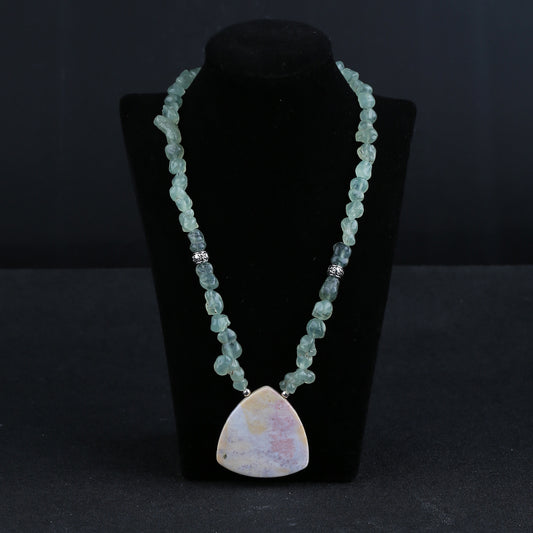 Natural Prehnite With Silver Beads Gemstone Necklace, Ocean Jasper Pendant, Handmade Jewelry, 1 Strand, 24 inch, 86g