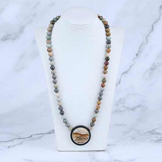 1 Strand Intarsia of Obsidian And Picture Jasper Pendant Ocean Jasper Beeds for Necklace 24 inch, 66g