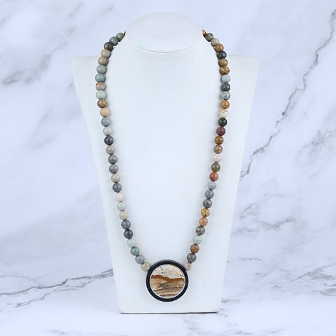 1 Strand Intarsia of Obsidian And Picture Jasper Pendant Ocean Jasper Beeds for Necklace 24 inch, 66g